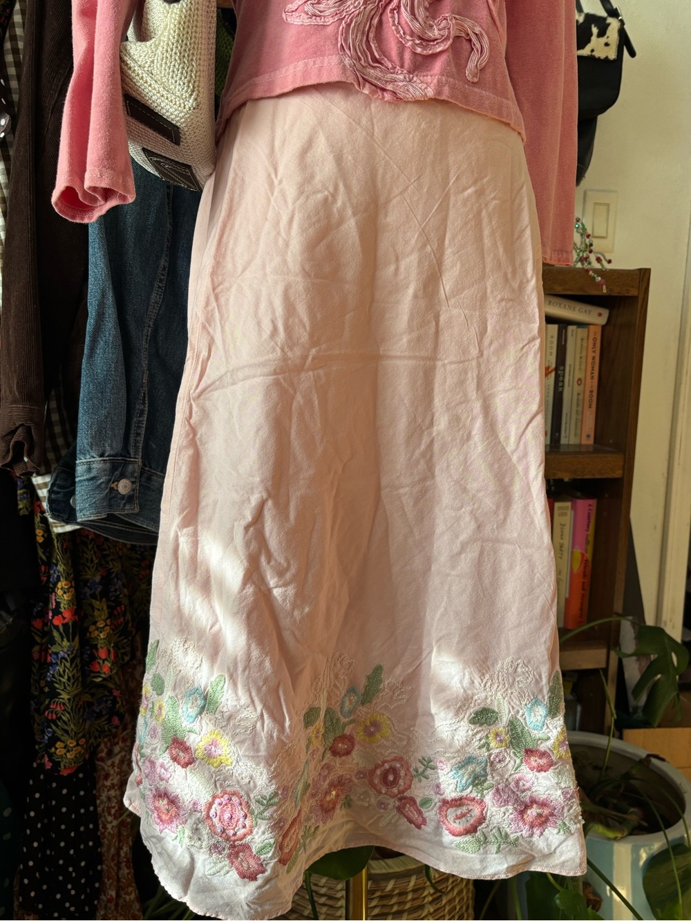 2000s y2k romantic floral embroidered midi skirt rom com fairycore whimsical